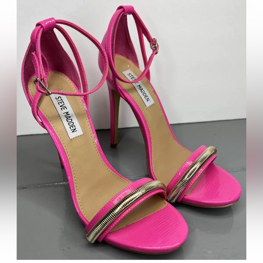 Steve Madden Womens Myracle Hot Pink Open Toe Stilettos W/Gold Detail Size 8